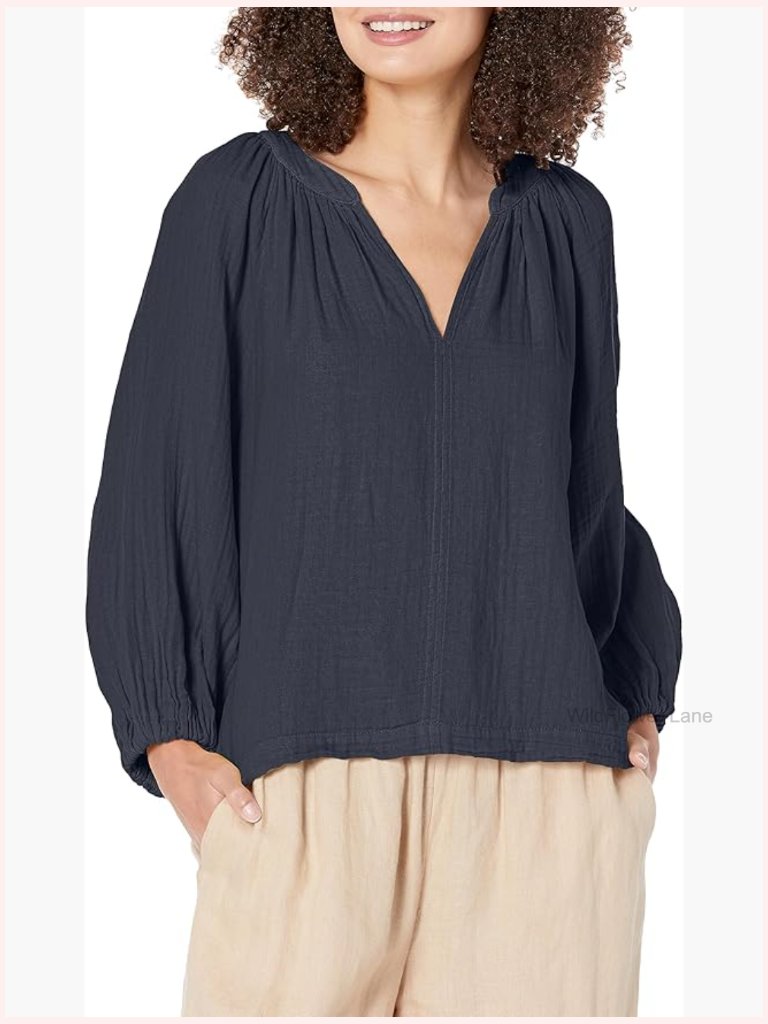 Cotton Gauze V-Neck Long Sleeve Peasant Blouse Tunic Pull On